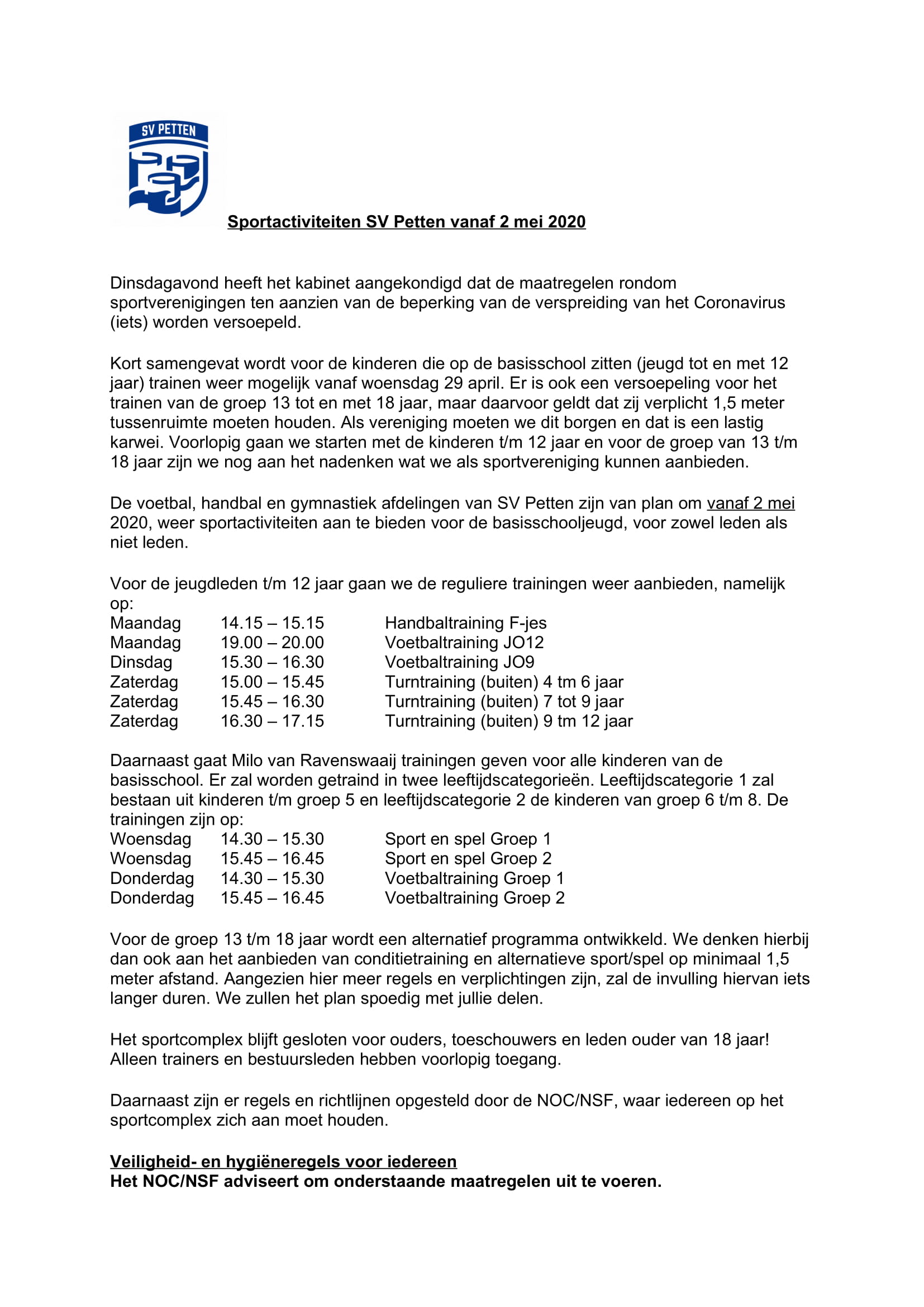 Herstart trainingen sv Petten