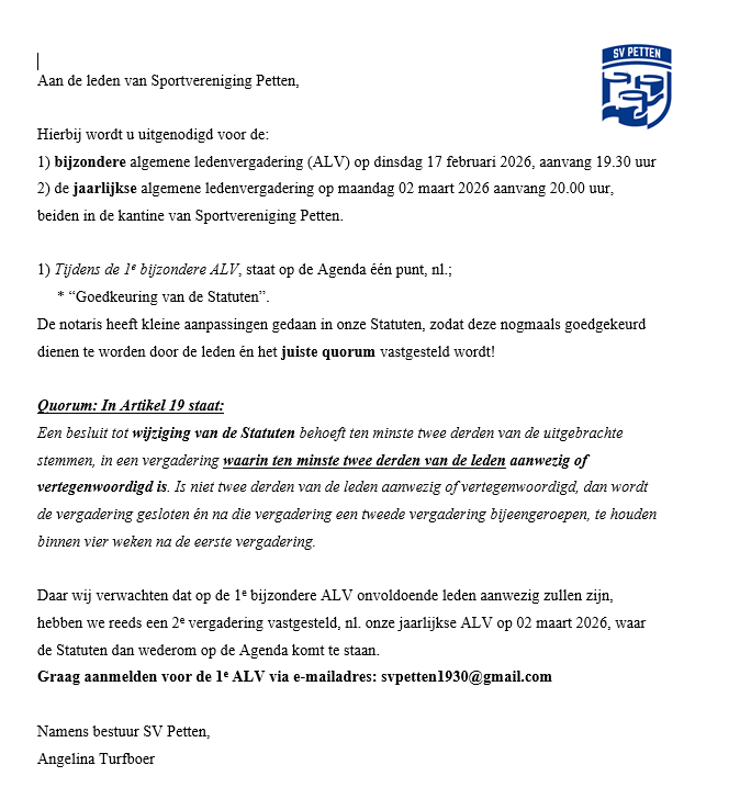 Uitnodiging Algemene Ledenvergadering SV Petten